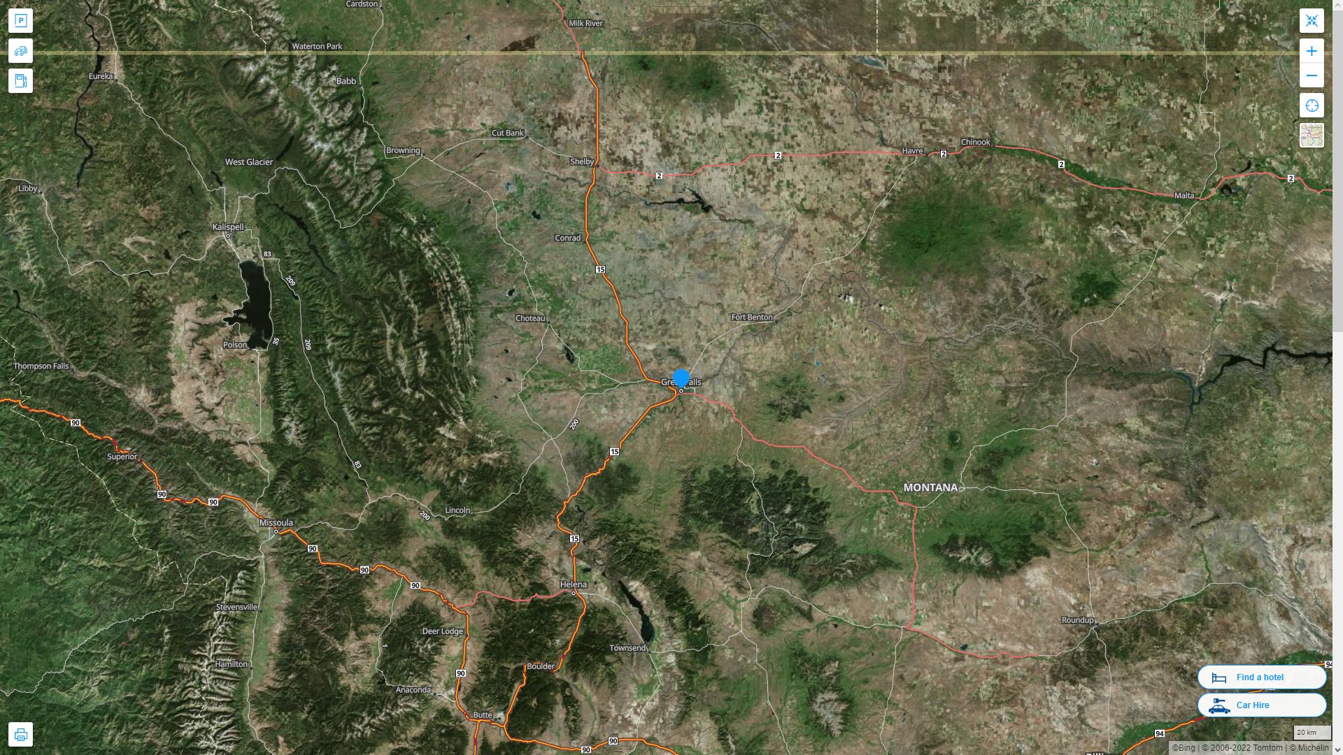 Great Falls Montana Highway and Road Map with Satellite View